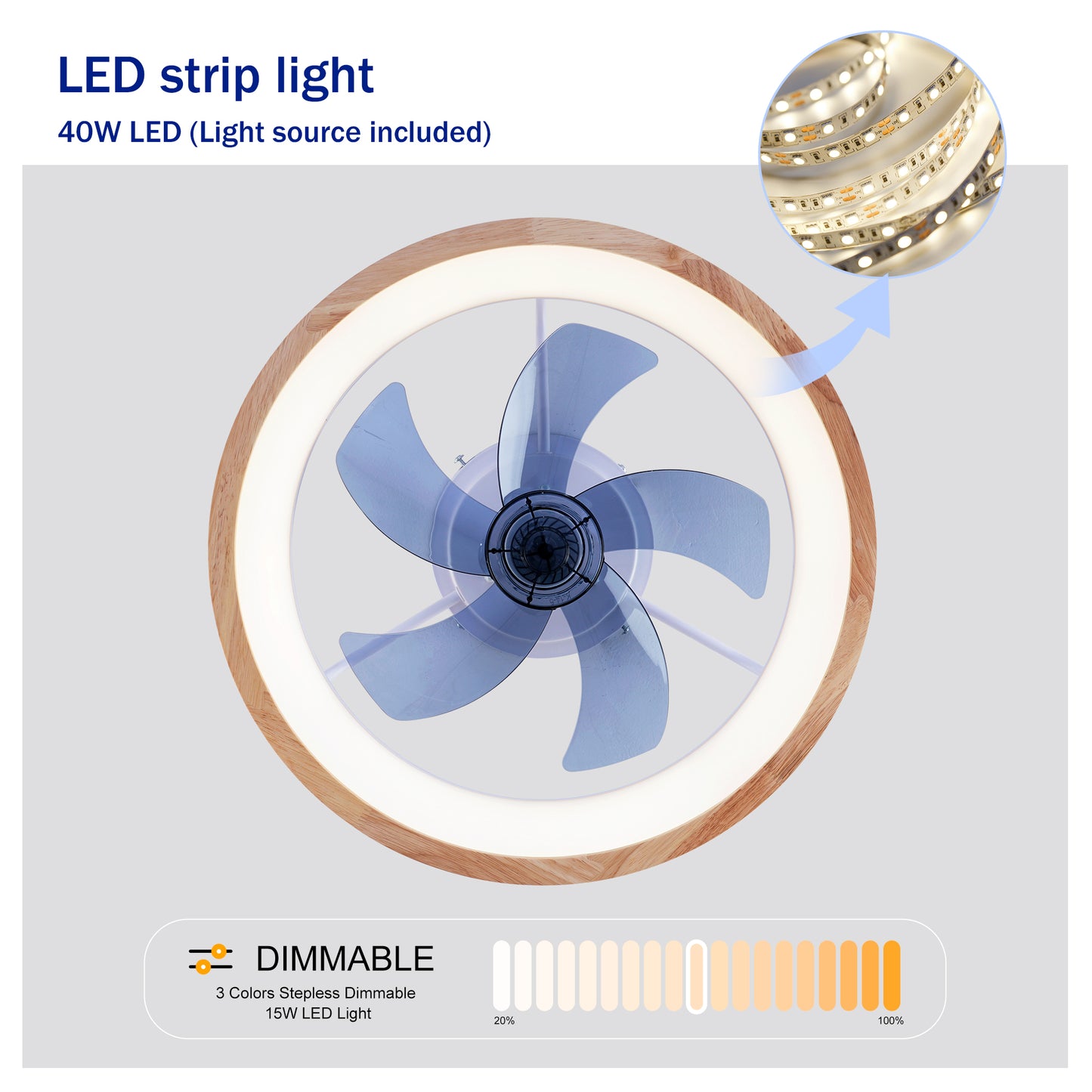 20" Wood & White Flush Mount Ceiling Fan with Dimmable LED - view 9