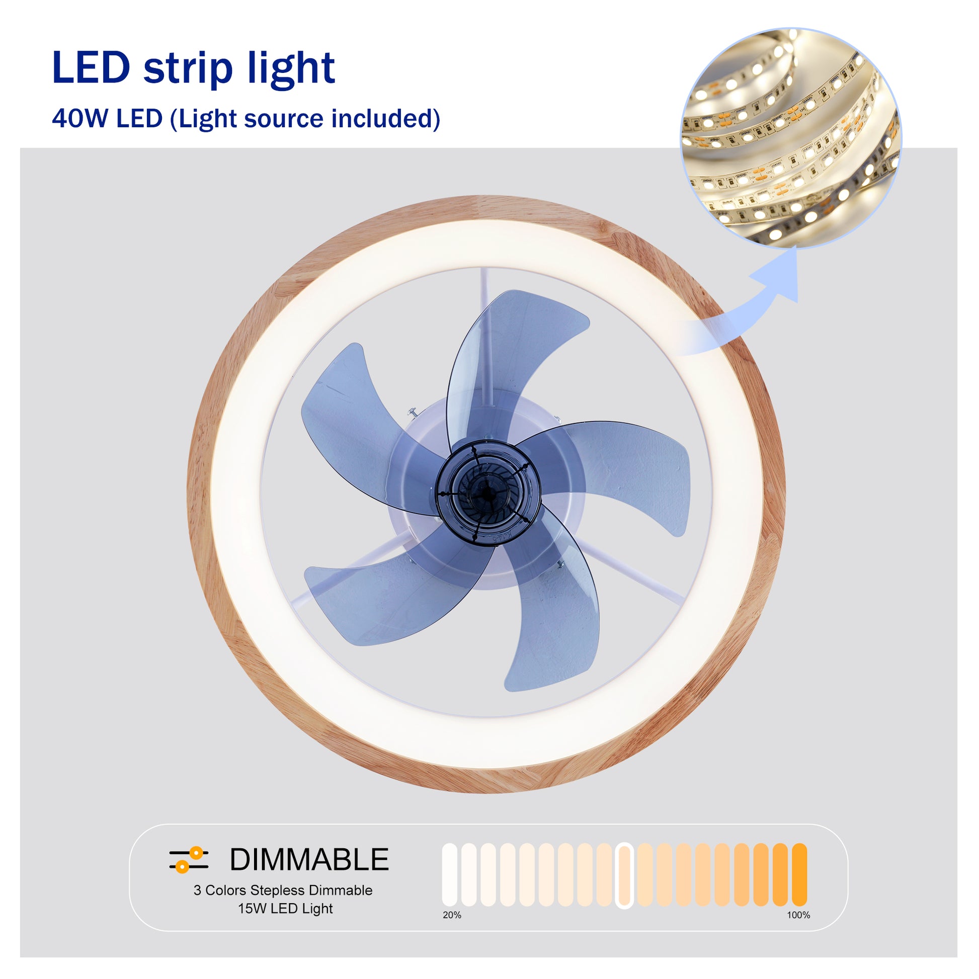 20" Wood & White Flush Mount Ceiling Fan with Dimmable LED - view 9