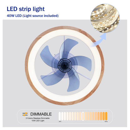 20" Wood & White Flush Mount Ceiling Fan with Dimmable LED - view 9