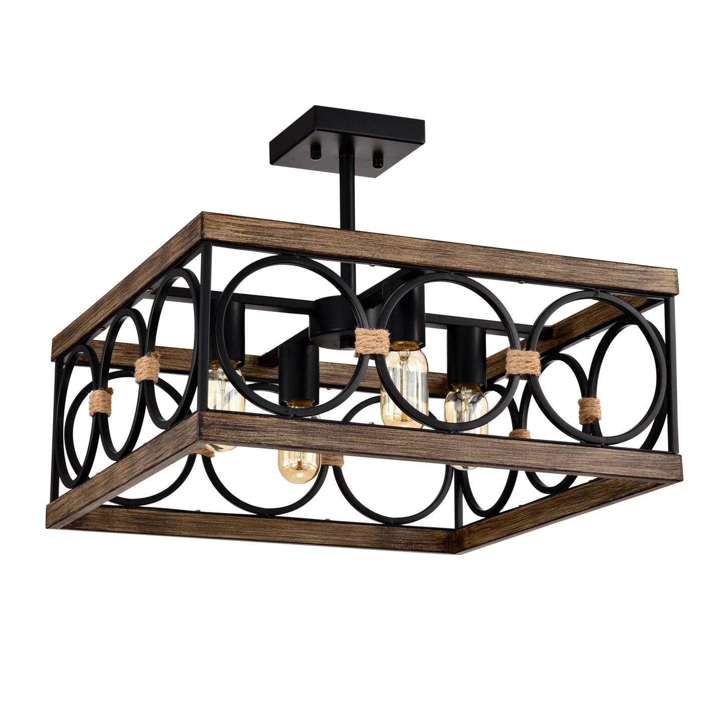 4-Light Wood & Black Farmhouse Flush Mount Ceiling Light