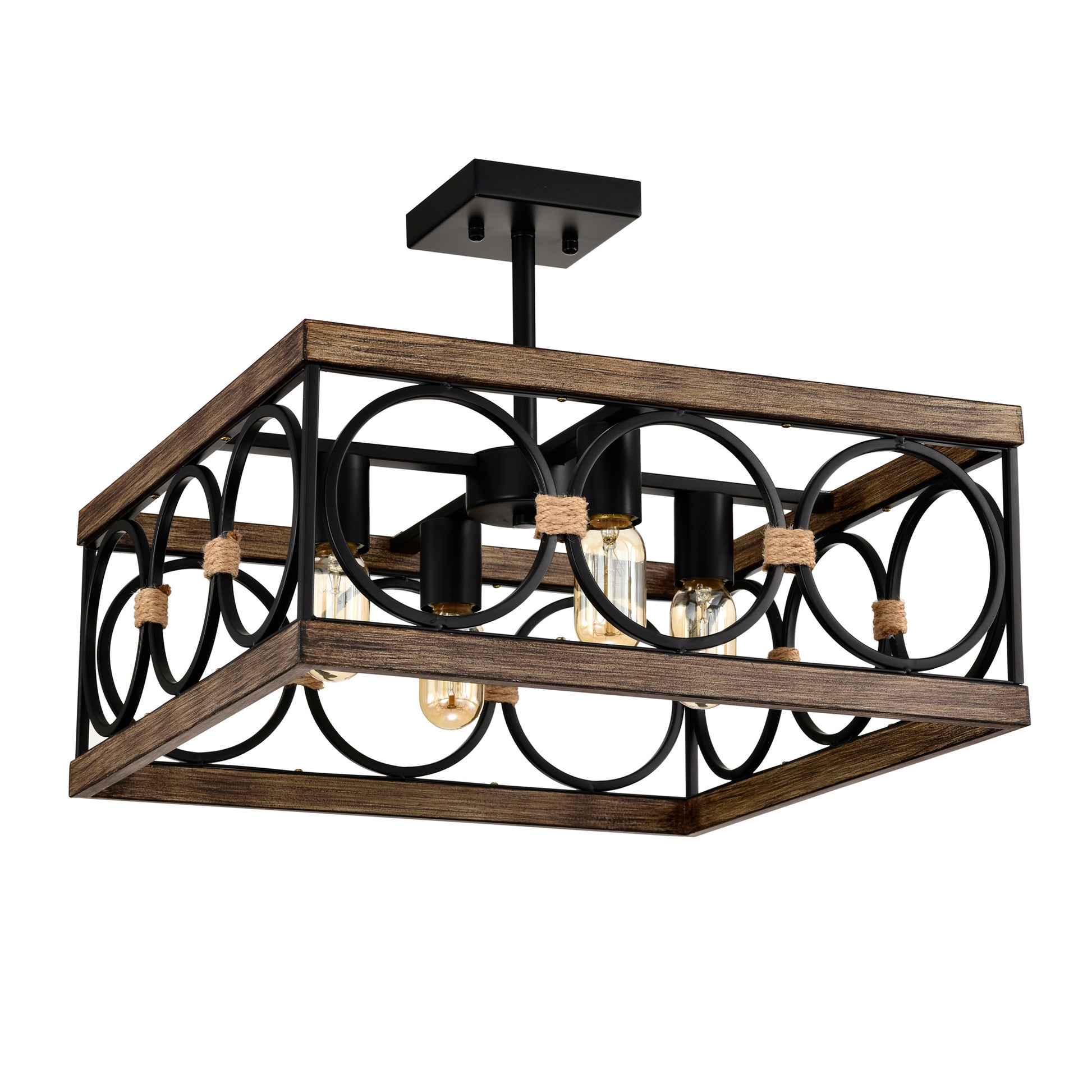 4-Light Wood & Black Farmhouse Flush Mount Ceiling Light