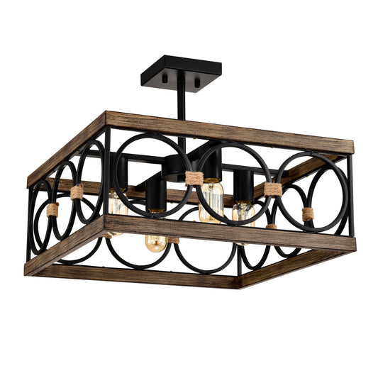 4-Light Wood & Black Farmhouse Flush Mount Ceiling Light