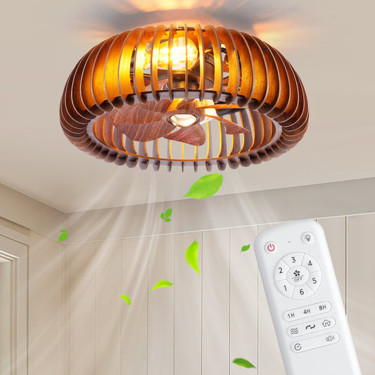 20" Walnut Caged Flush Mount Ceiling Fan with Remote