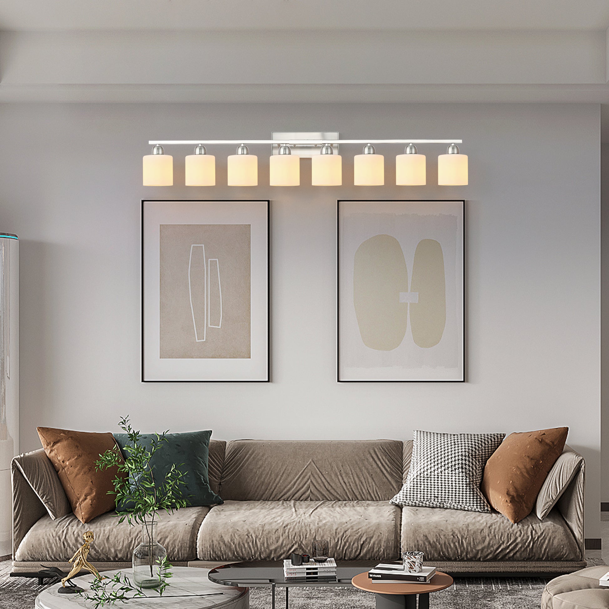 52" 8-Light Nickel Vanity Light with Milky Glass Shades