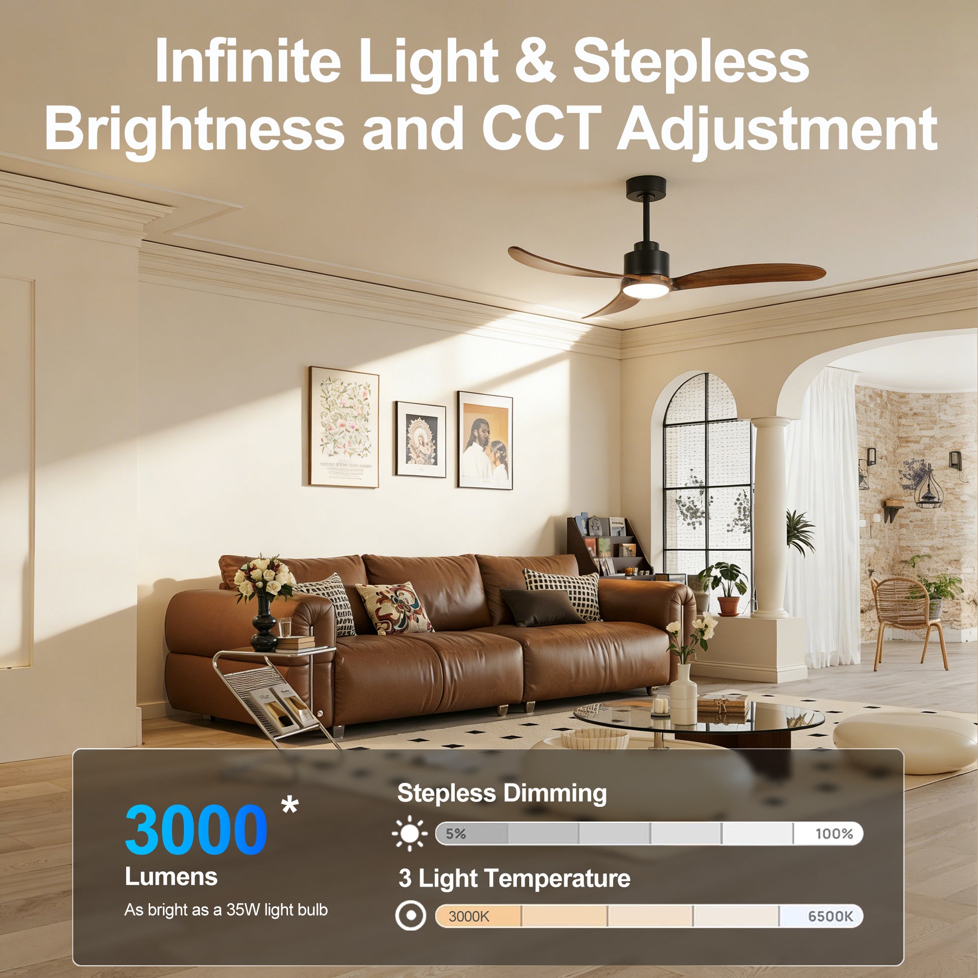 52" Matte Black & Wood Ceiling Fan with Dimmable LED - view 8