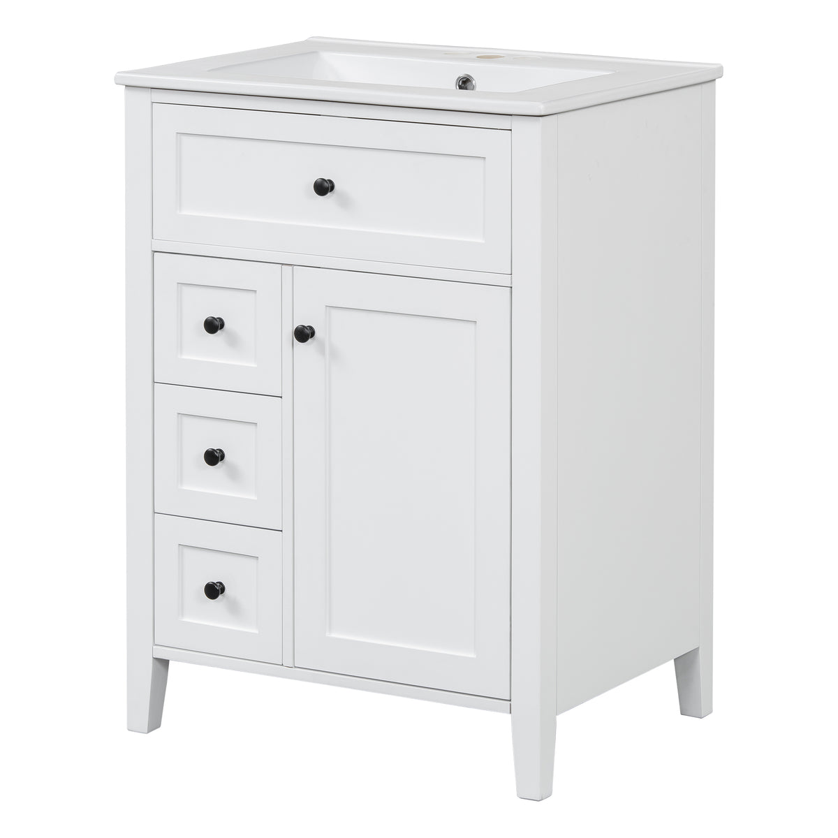 24" White Bathroom Vanity with Ceramic Sink and 4 Drawers