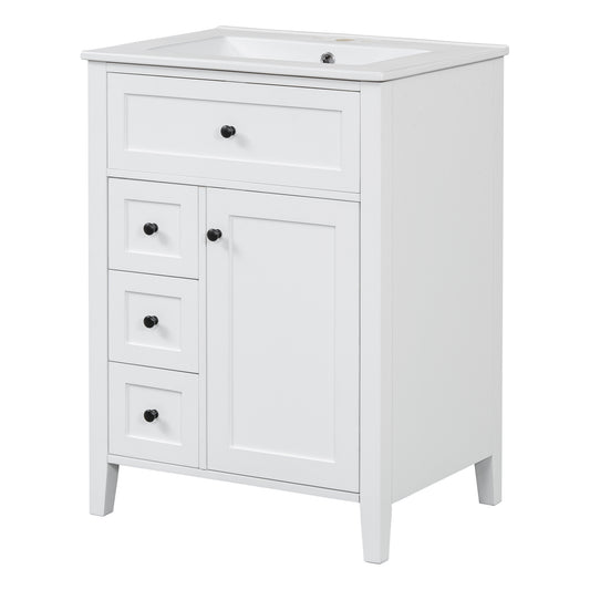 24" White Bathroom Vanity with Ceramic Sink and 4 Drawers
