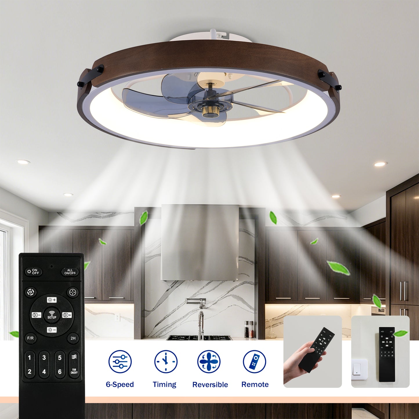 20" Walnut & Black Flush Mount Ceiling Fan with Dimmable LED - view 9