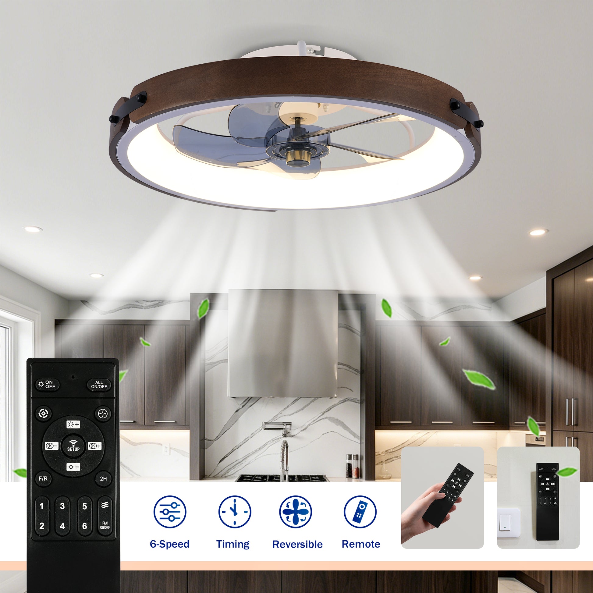 20" Walnut & Black Flush Mount Ceiling Fan with Dimmable LED - view 9