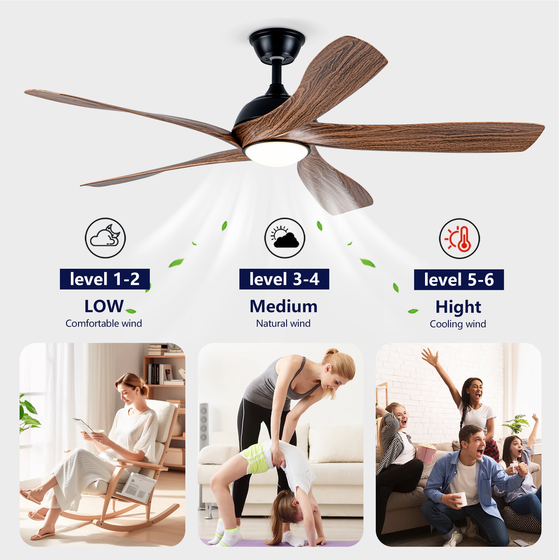 56" Matte Black & Wood Ceiling Fan with LED Light - view 10