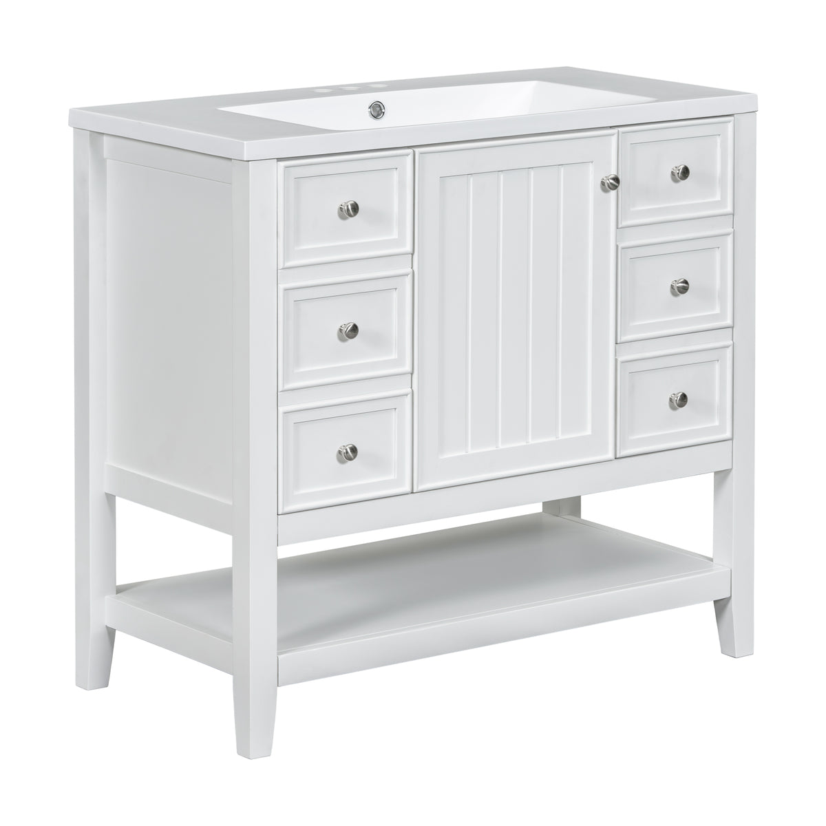 36" White Bathroom Vanity with Sink and Open Bottom Shelf