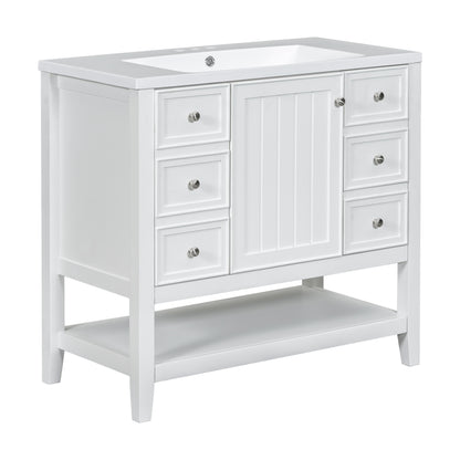 36" White Bathroom Vanity with Sink and Open Bottom Shelf