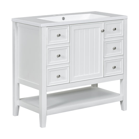 36" White Bathroom Vanity with Sink and Open Bottom Shelf