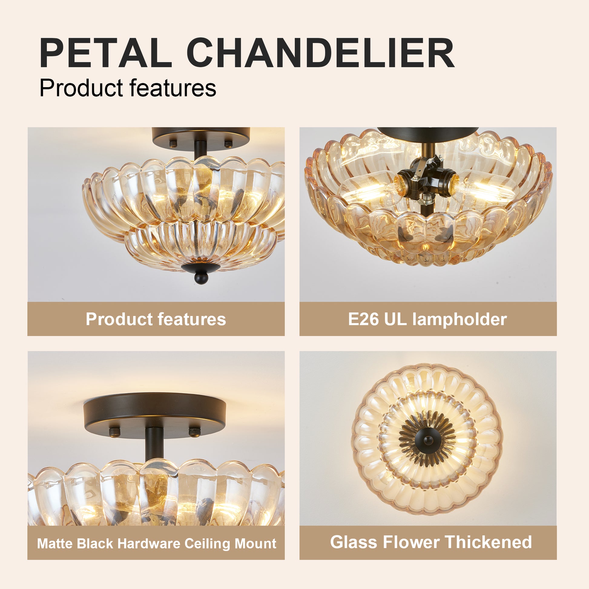 3-Light Black Semi Flush Ceiling Light with Amber Glass - view 7