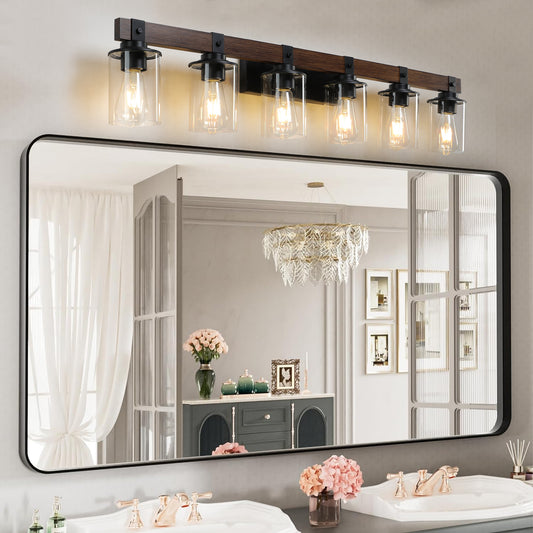 42" 6-Light Farmhouse Vanity Wall Light with Wood Accent
