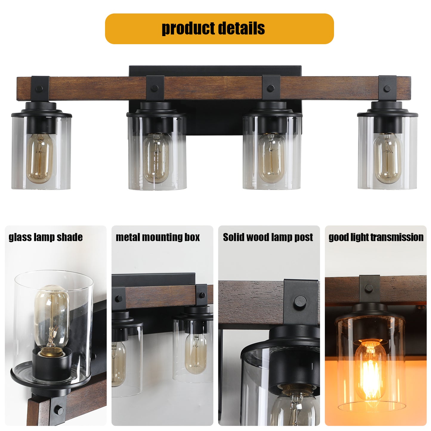 27" 4-Light Farmhouse Vanity Light with Wood Accents - view 7