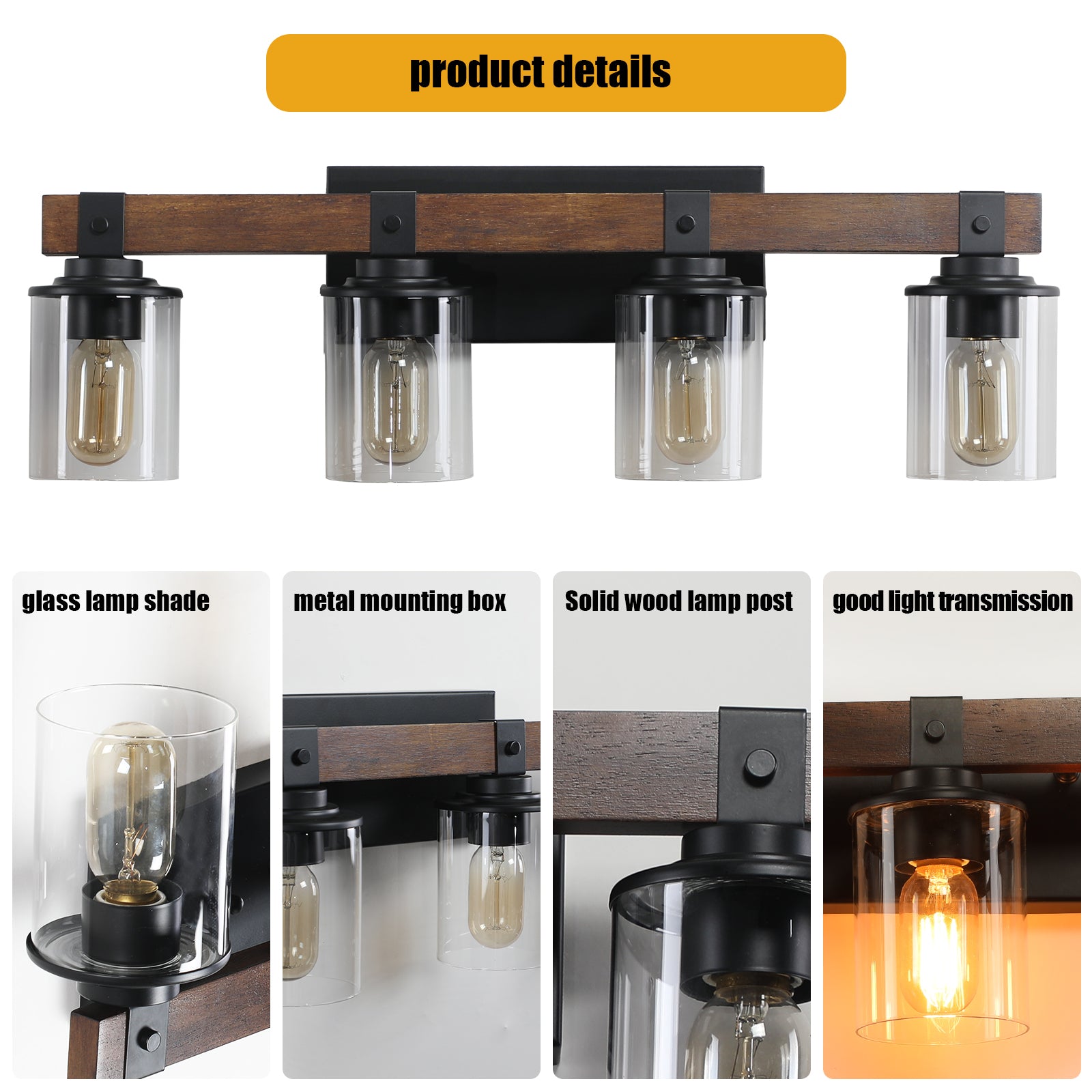 27" 4-Light Farmhouse Vanity Light with Wood Accents - view 7
