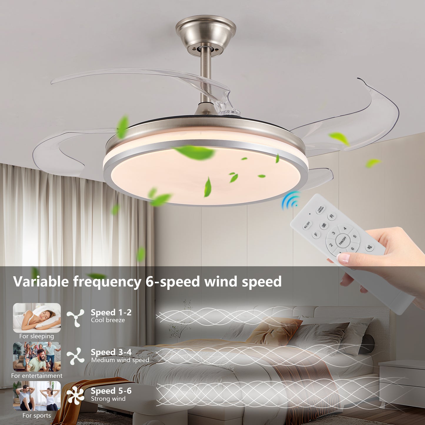 42" Chrome Retractable Blade Ceiling Fan with LED Light - view 3