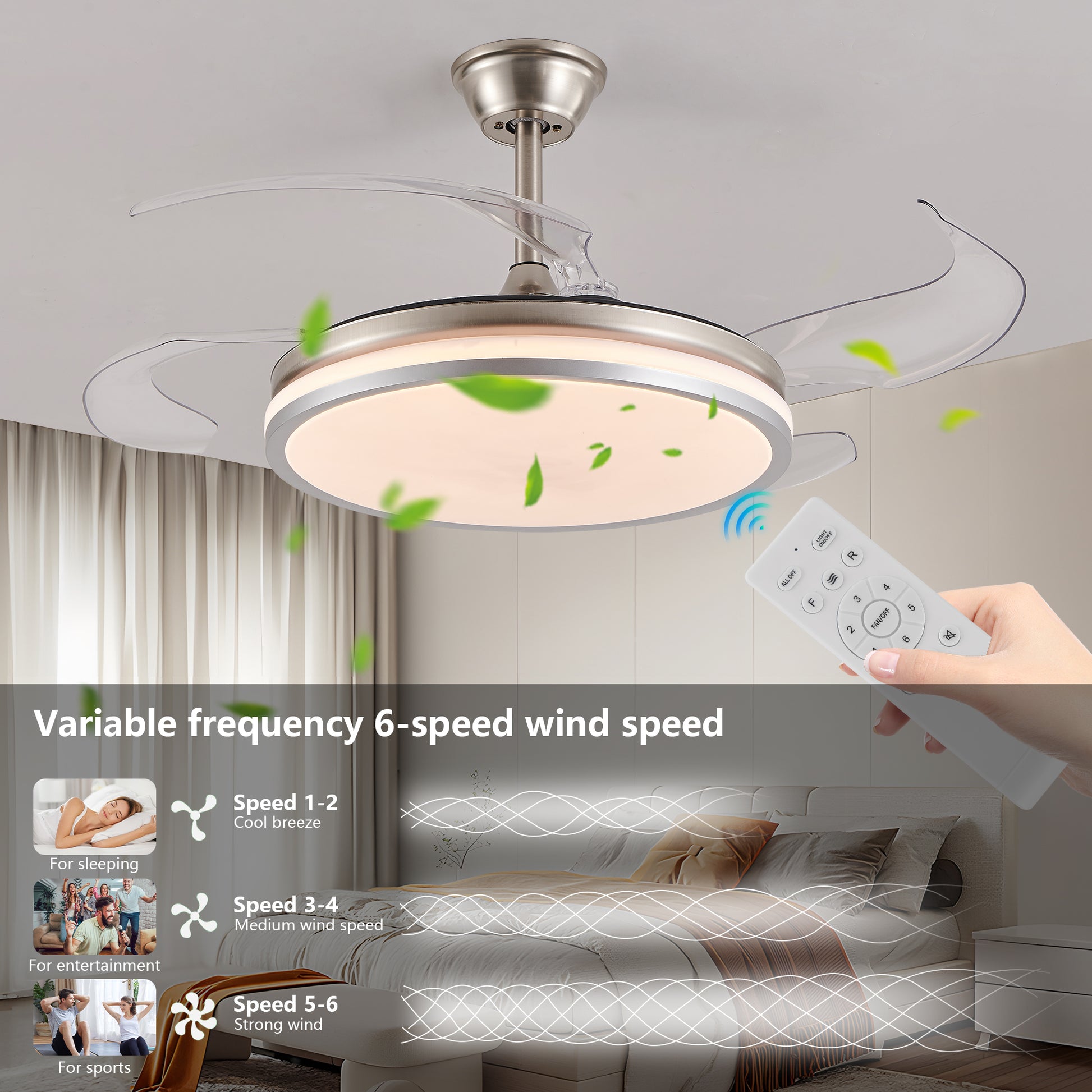 42" Chrome Retractable Blade Ceiling Fan with LED Light - view 3