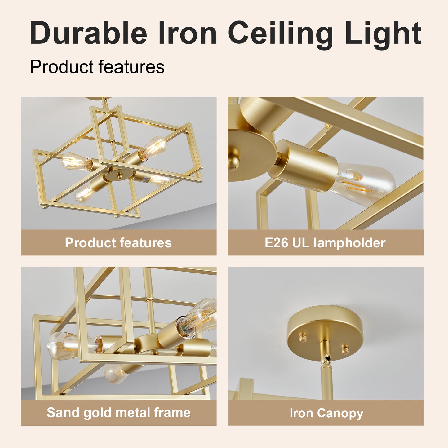 4-Light Gold Industrial Flush Mount Chandelier - view 6