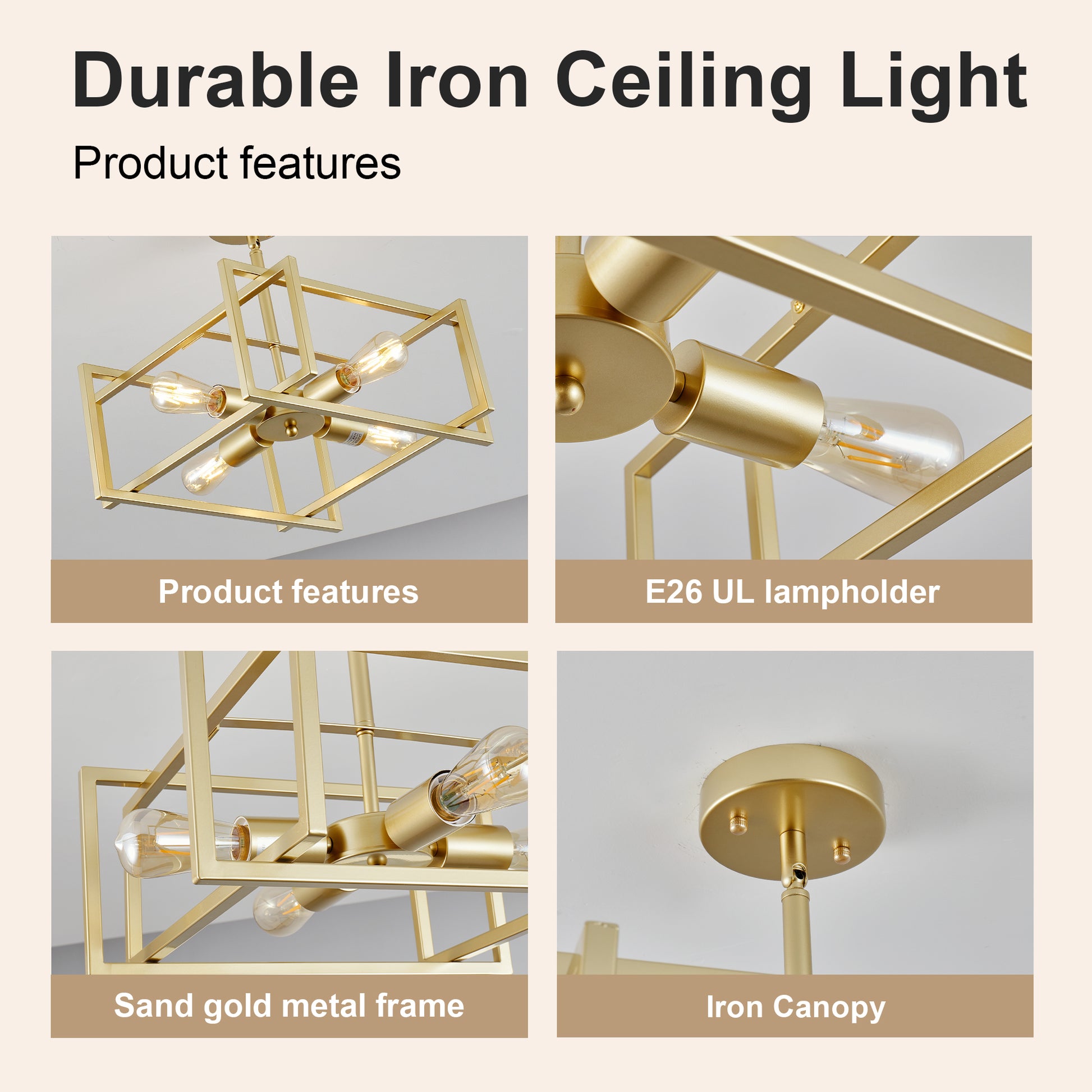 4-Light Gold Industrial Flush Mount Chandelier - view 6
