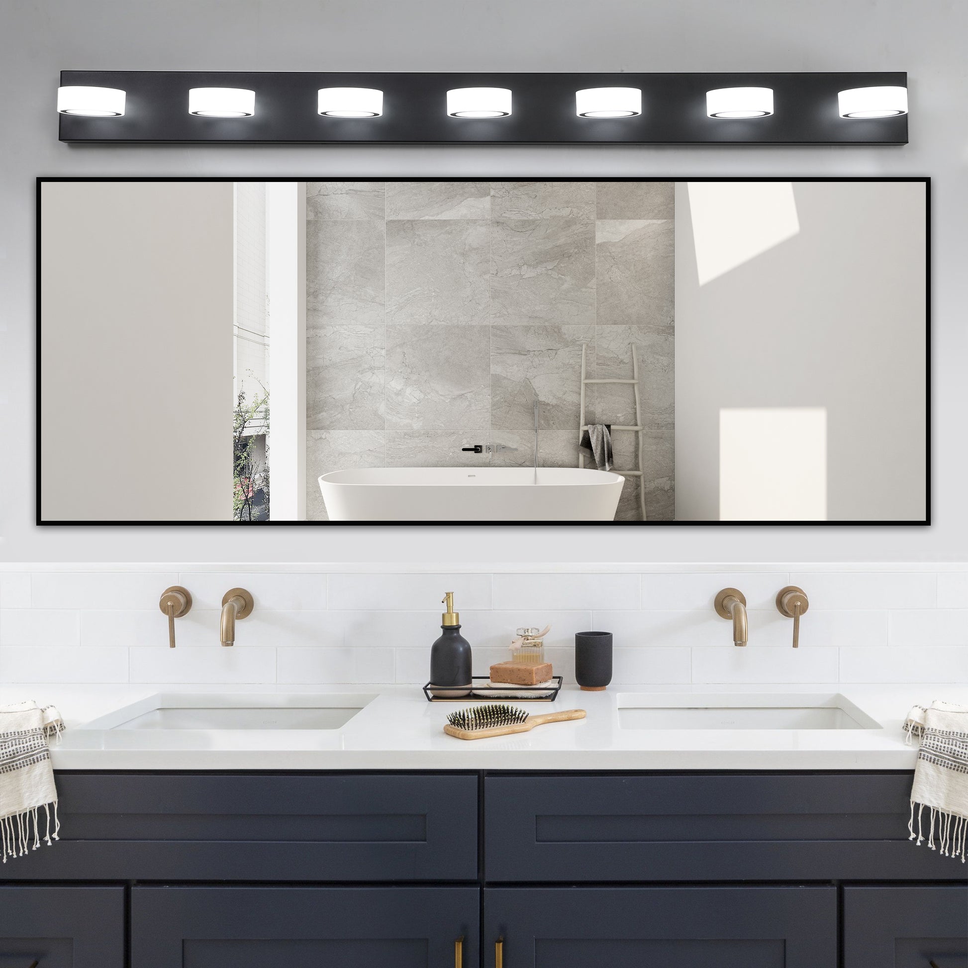 52" 7-Light Black Vanity Light with Dimmable LED