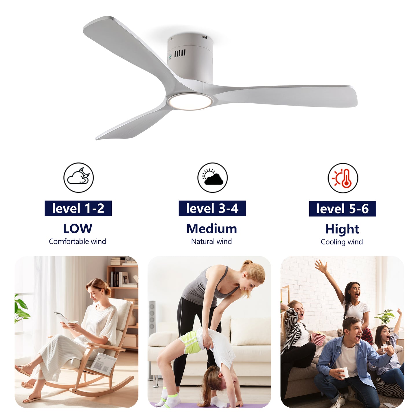 52" Matte White Solid Wood Ceiling Fan with Dimmable LED - view 11