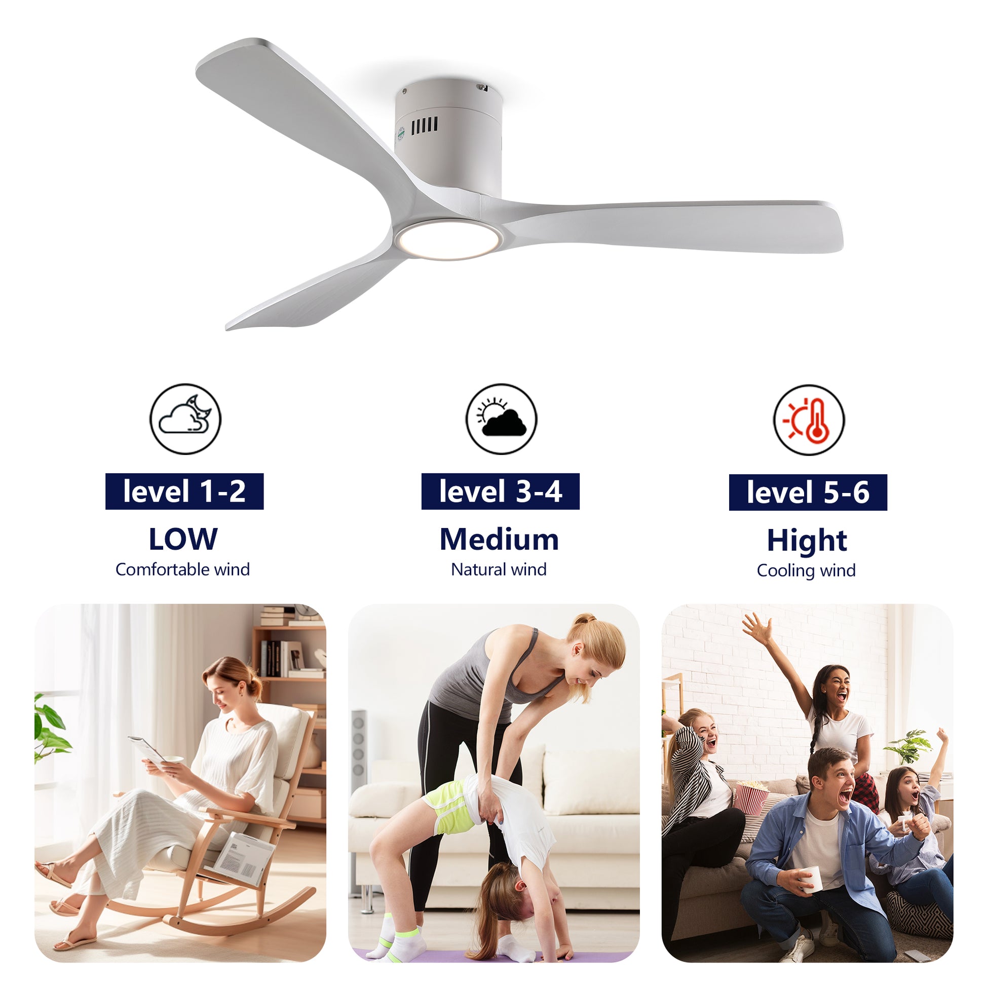 52" Matte White Solid Wood Ceiling Fan with Dimmable LED - view 11