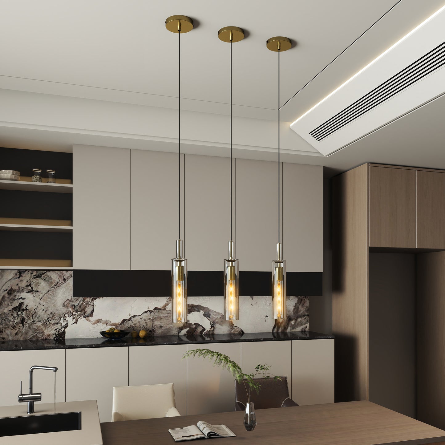 Gold Pendant Light with Striped Glass Shade, Set of 3 - view 3