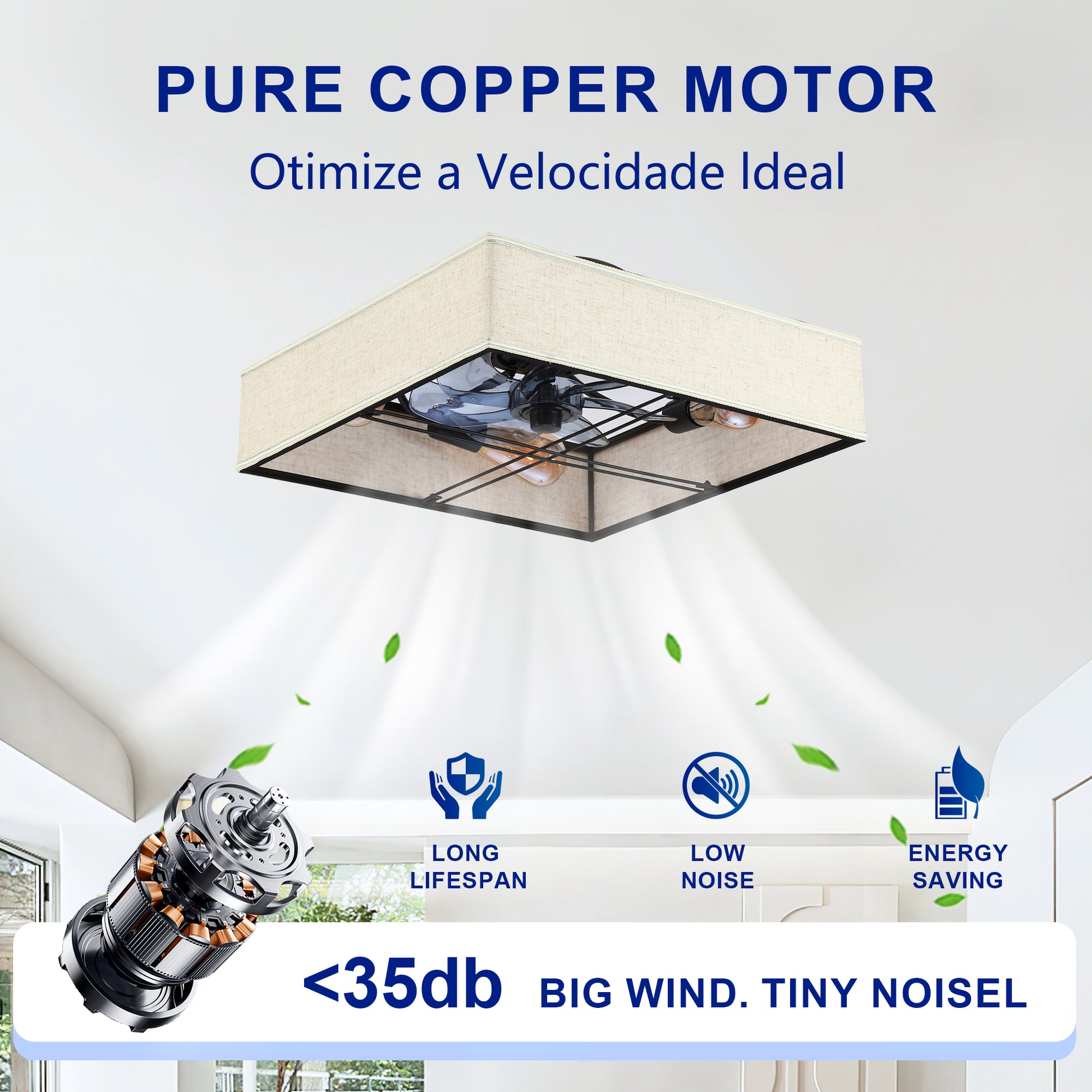 16.6" Square Fabric Farmhouse Flush Mount Ceiling Fan - view 11