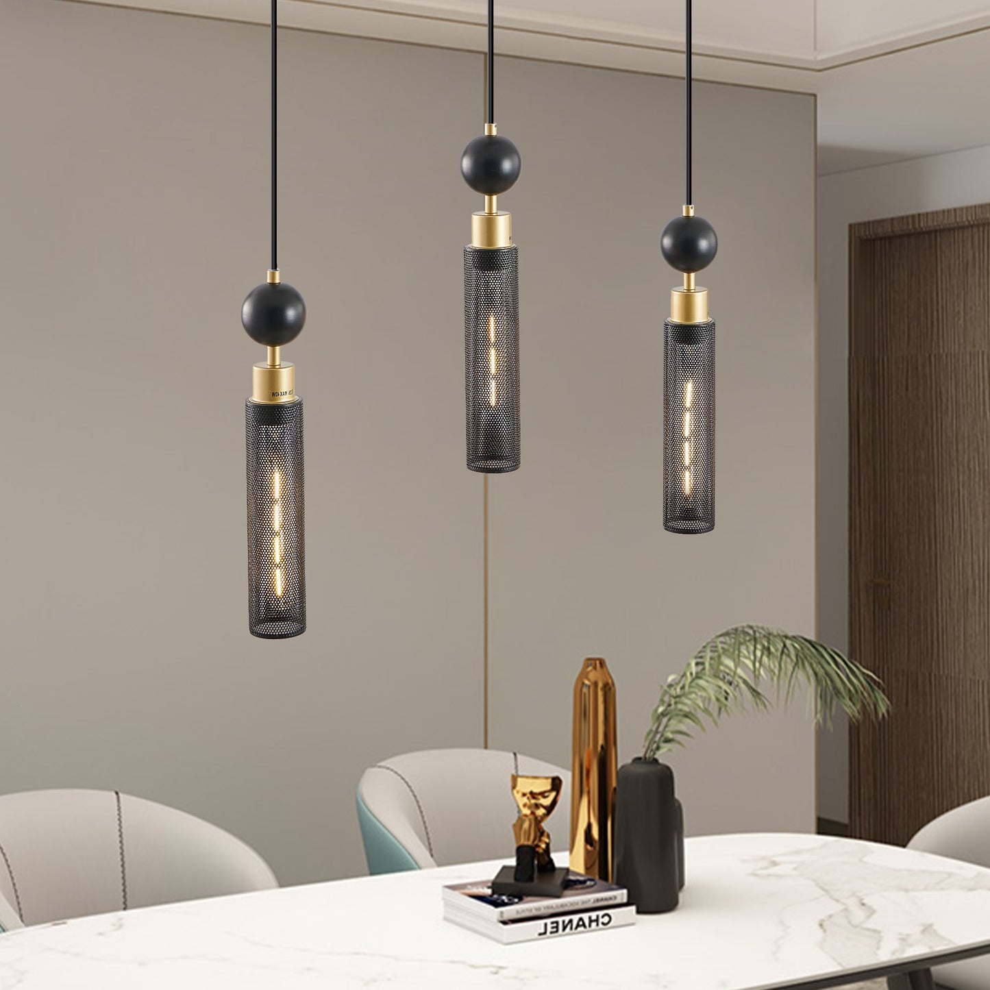 25" 3-Light Black & Gold Chandelier with Mesh Shades