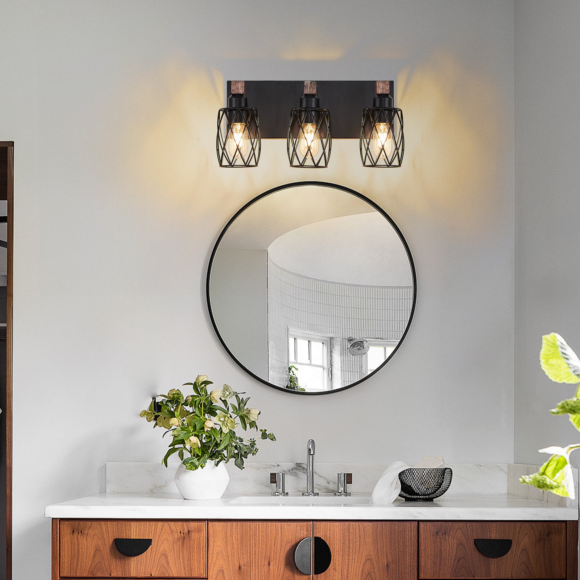 18" 3-Light Black Caged Wall Light with Wood Accents