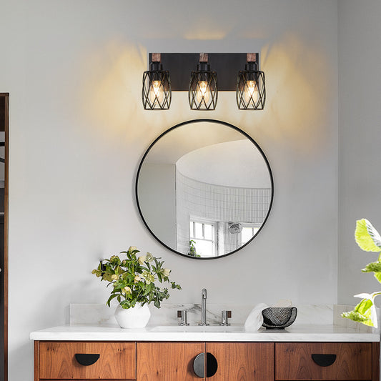 18" 3-Light Black Caged Wall Light with Wood Accents