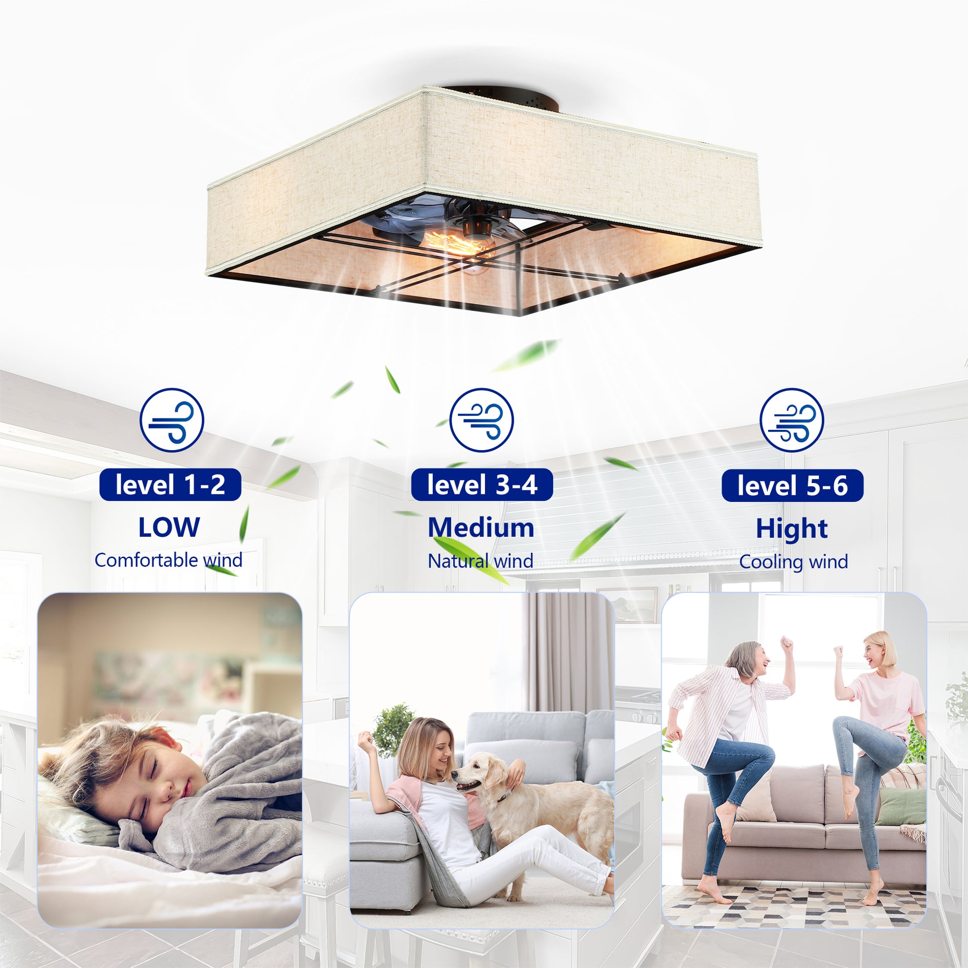 16.6" Square Fabric Farmhouse Flush Mount Ceiling Fan - view 14