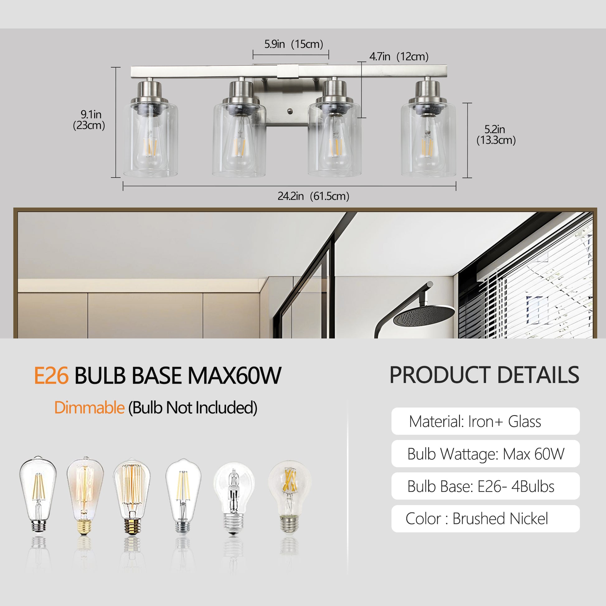24" 4-Light Brushed Nickel Vanity Light with Clear Glass - view 9