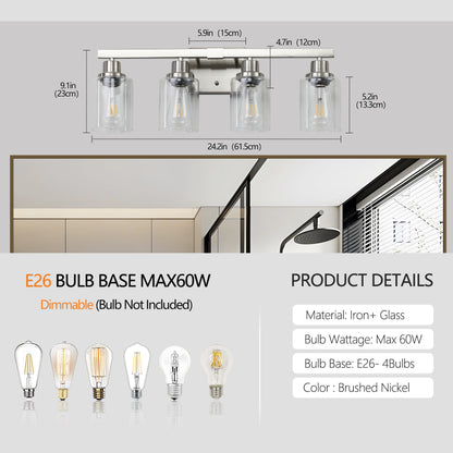 24" 4-Light Brushed Nickel Vanity Light with Clear Glass - view 9