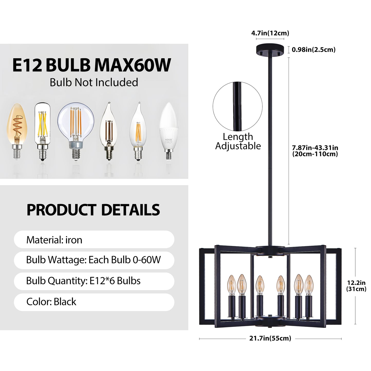 22" 6-Light Black Geometric Chandelier - view 9