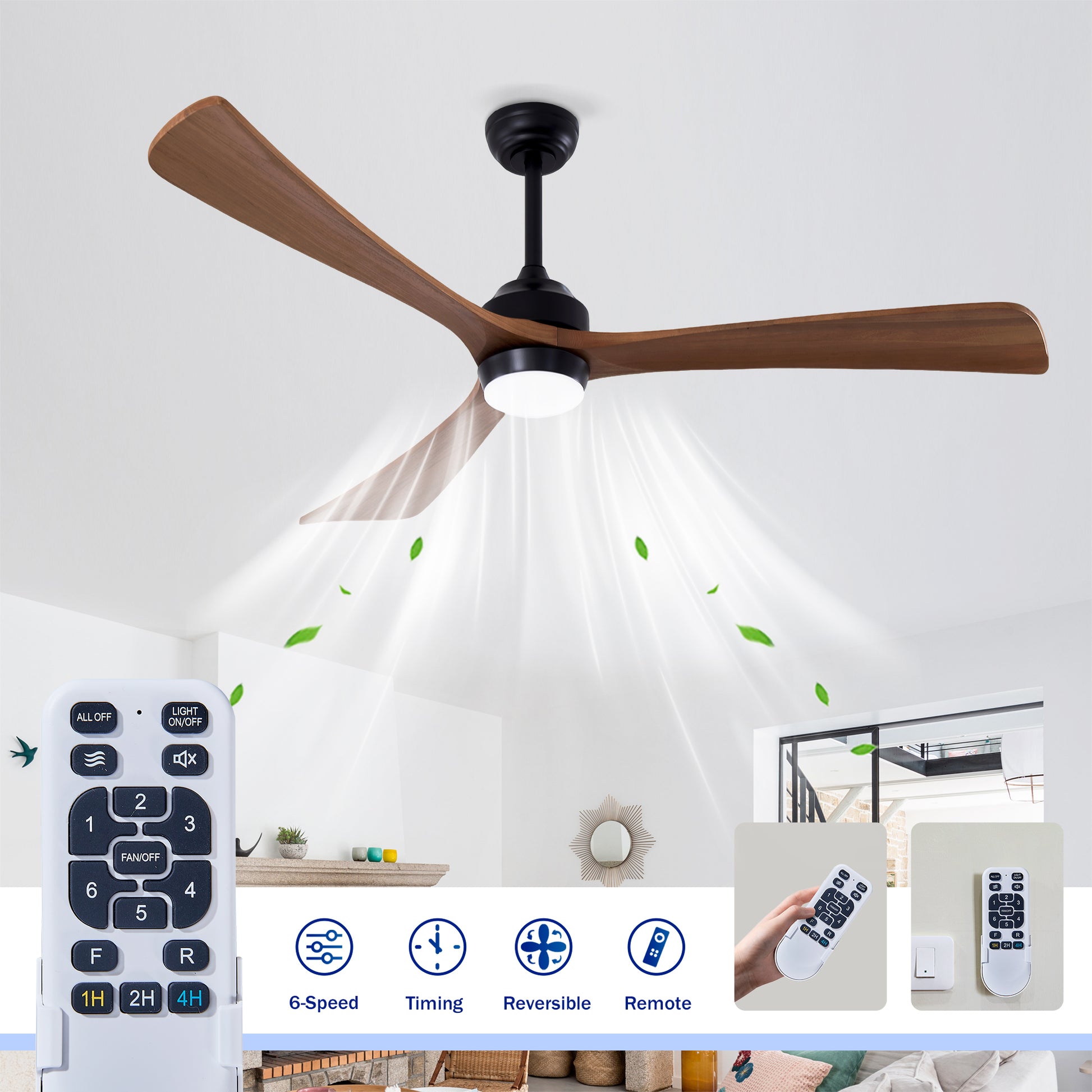 62" Matte Black 3-Blade Solid Wood Ceiling Fan with Remote - view 8