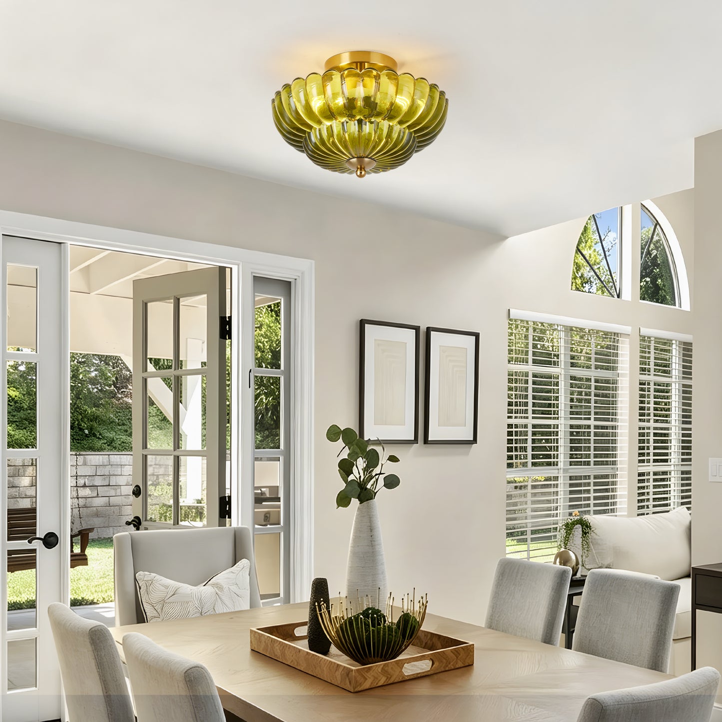 11.8" 3-Light Green Flower Glass Semi Flush Ceiling Light - view 2