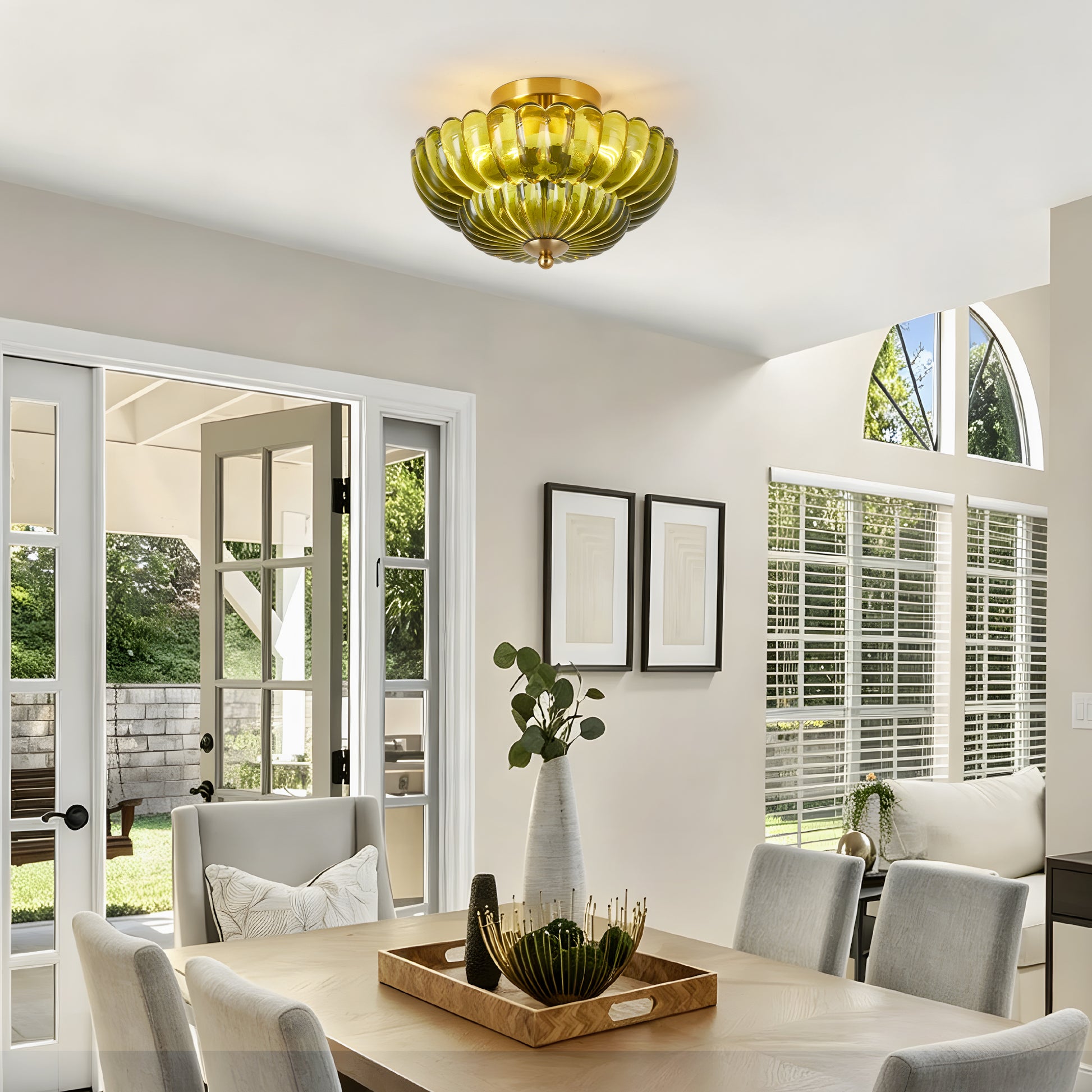 11.8" 3-Light Green Flower Glass Semi Flush Ceiling Light - view 2