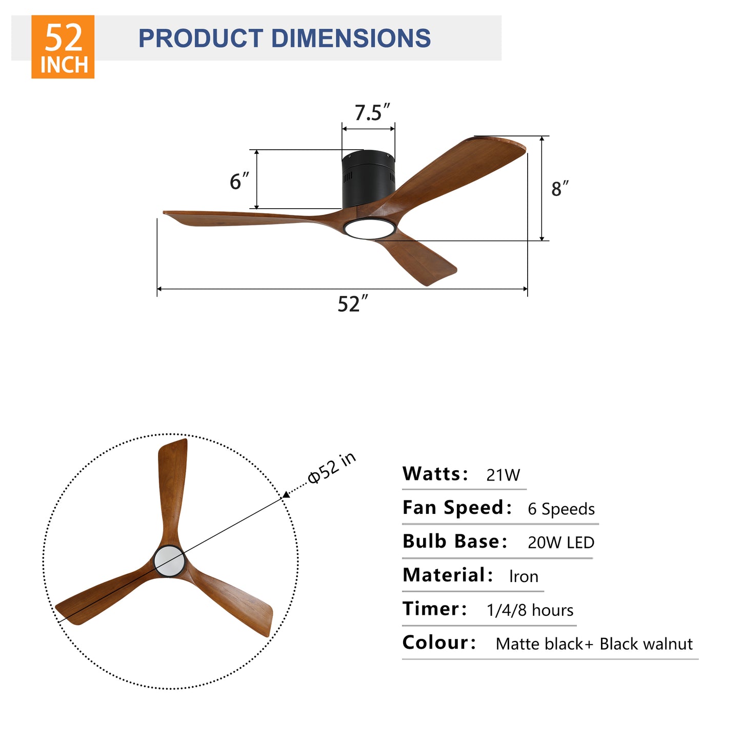 52" Matte Black & Wood Ceiling Fan with Dimmable LED - view 7
