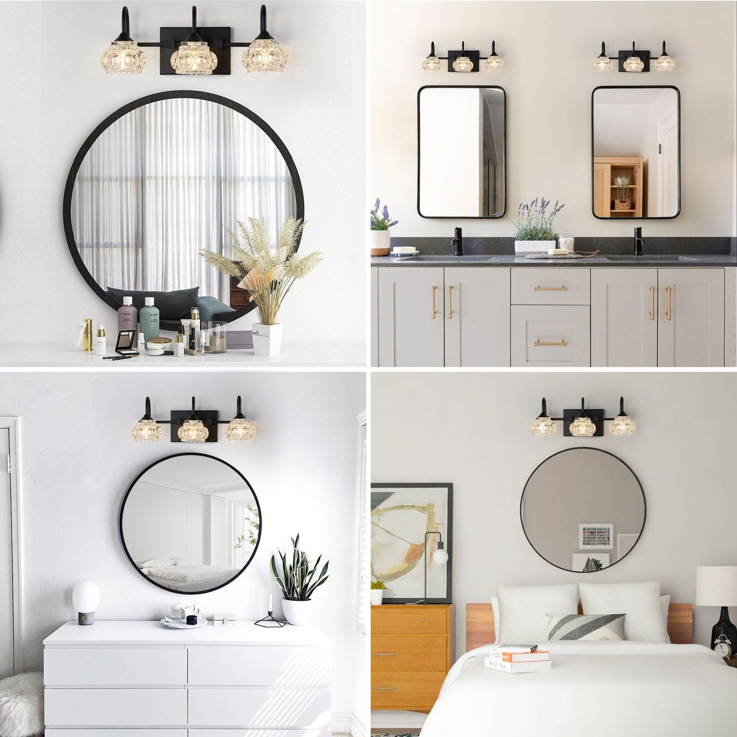 17" 3-Light Black Vanity Light with Crystal Glass - view 4