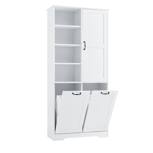 68" White Bathroom Cabinet with Tilt-Out Laundry Hamper