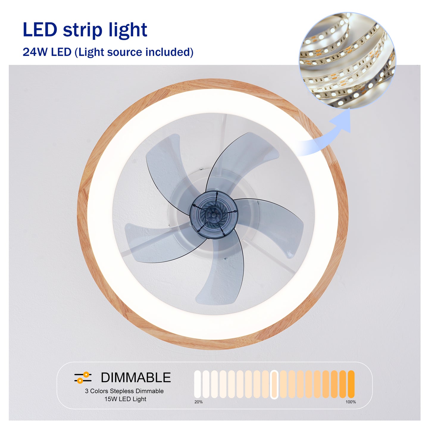 Natural Wood & White Flush Mount Ceiling Fan with Dimmable LED - view 8