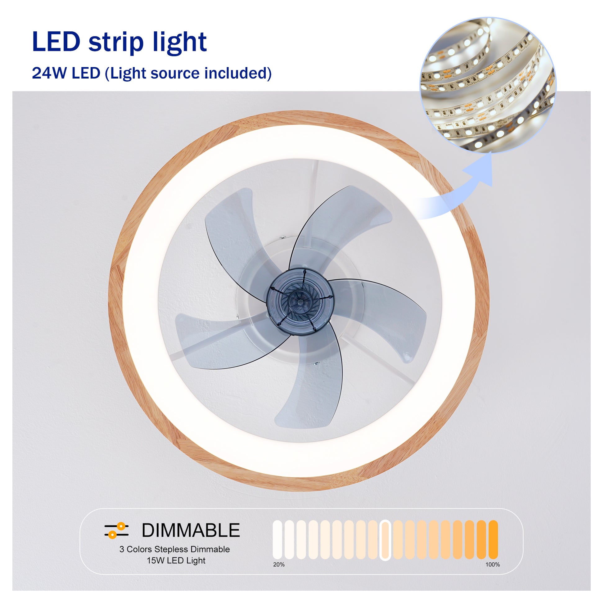Natural Wood & White Flush Mount Ceiling Fan with Dimmable LED - view 8