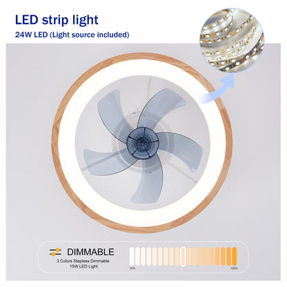 Natural Wood & White Flush Mount Ceiling Fan with Dimmable LED - view 8