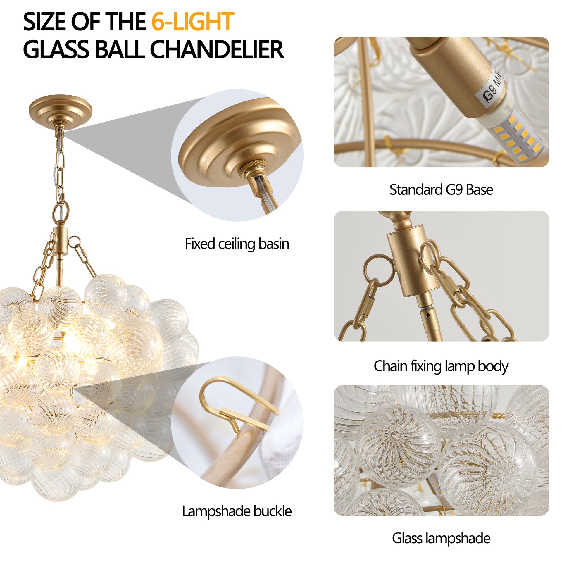 23.6" Gold Chandelier with Threaded Glass Globe - view 7
