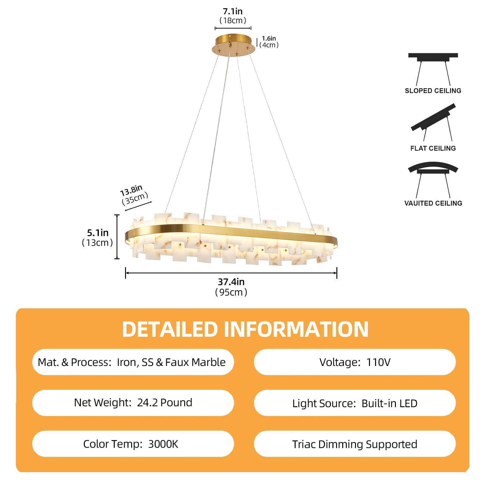 46.8" Gold Alabaster Rectangle Chandelier - view 5