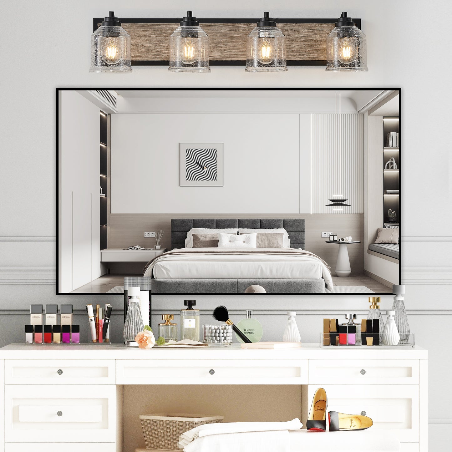 32" 4-Light Black & Wood Farmhouse Vanity Light - view 2