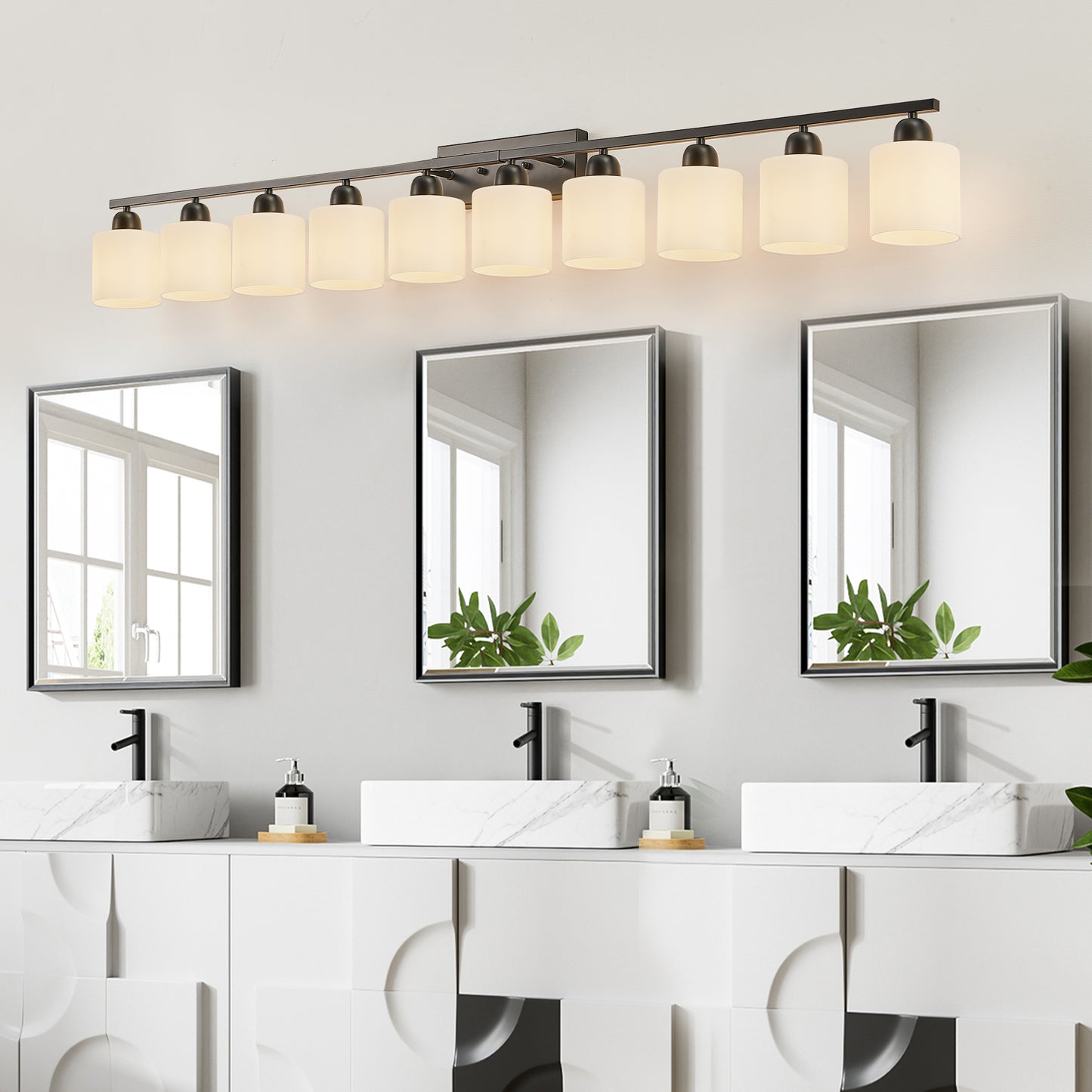 65.4" 10-Light Black Vanity Wall Light with White Glass - view 3